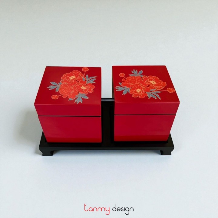 Set of 2 square boxes 10cm painted with flowers included with stand ( different designs )